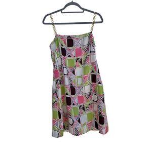 Milly Mini Silk Dress, Sheath Shift, Geometric Print,‎ Gold Metal Straps, Sz 10